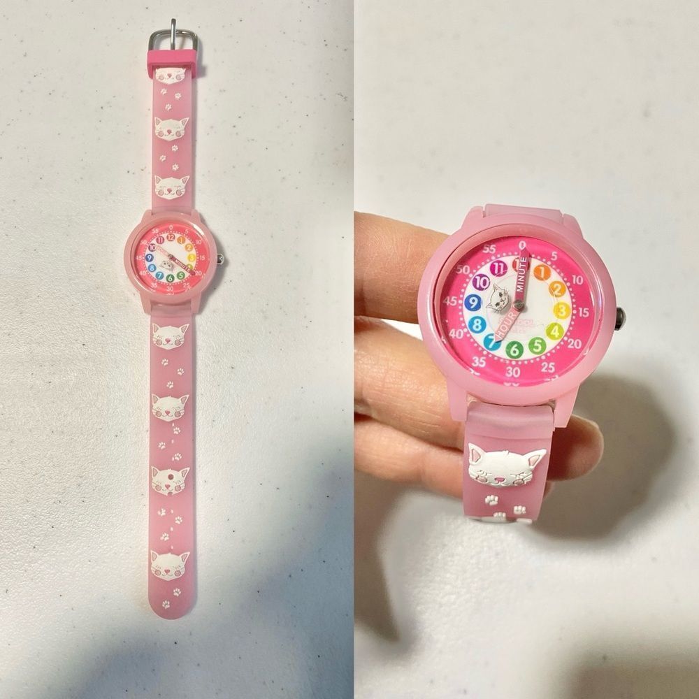 Preschool teaching time 3D Kitty cat Theme Watch clock Kids girls splash proof